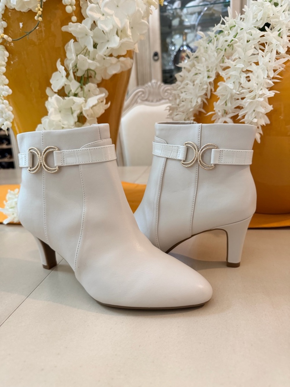 Women's White Leather Ankle Boots with Gold Buckle